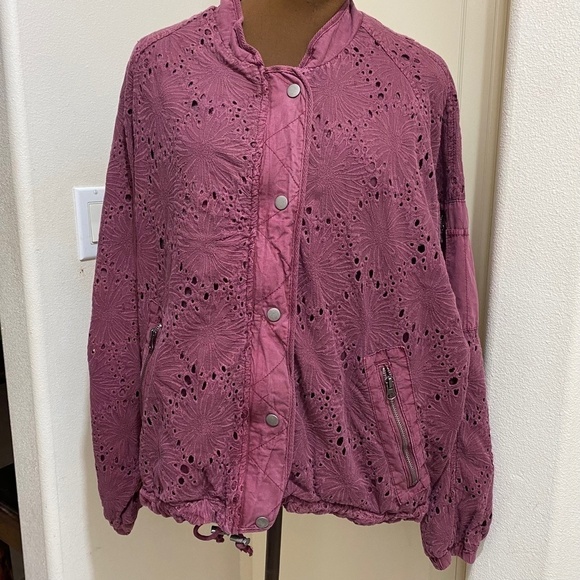Free People Jackets & Blazers - Free People Eyelet Daisy Jane Raspberry Bomber Moto Jacket Size Medium Oversized